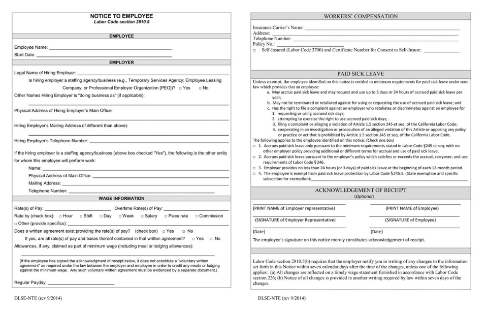 Image of California Wage Notice Form